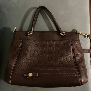 Gucci brown leather tote shoulder purse with cross long strp